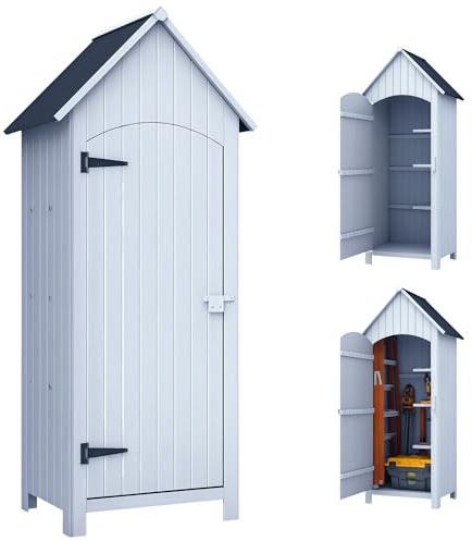 Outsunny Capanno Porta Attrezzi da Giardino in Legno di Abete con 3 Ripiani, Casetta Attrezzi Giardino con Tetto Inclinato Impermeabile per Terrazza Patio, 77.5x54.2x179.5 cm, Bianco