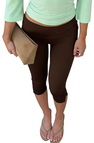 Faymlc Women Y2k Low Rise Capris Button Grommet Foldover Capri Leggings Split Skinny Cropped Pants Going Out Capris Yoga Pants (Side Split Dark Brown, S)