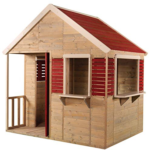 Wendi Toys M12 Kinder Spielhaus Holz Outdoor, Gartenhaus für Kinder FSC Holz, 120×155×168 cm, mit Fensterläden, Tür, Regal, Veranda, Kinderspielhaus mit Boden, wetterfest, Rot