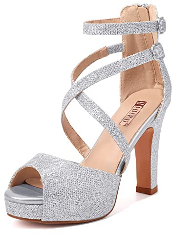 IDIFU Women's IN4 Platform Heels Strappy Chunky Heels for Women Dressy Peep Toe High Heels for Women Bridal Wedding Shoes for Bride On Evening Prom(Silver Glitter, 9 M US)