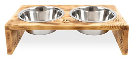 RF-Deer Hunde Futterstation aus Holz mit 2 Edelstahlnäpfen, Futternapf Hund Erhöht, Fressnapf Katze, Hundenapf, Hundebar, Futternapf Katzen, Einfach Sauber zu Halten, 48x26x13 cm, Groß