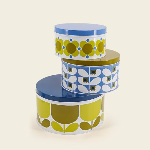 Orla Kiely Set of 3 Nesting Cake Tins Retro Flower Designs - Dandelion / Sky
