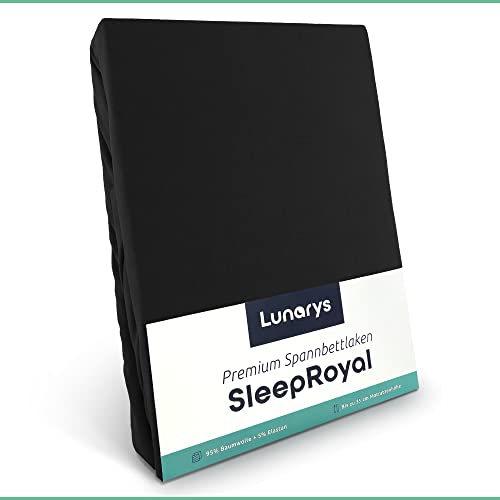 Lunarys® SleepRoyal Luxus Spannbettlaken 180x200cm - Schwarz - 250 g/m² Premium Bettlaken - 40 cm Steghöhe - für hohe Matratzen, Boxspringbett & Matratze + Topper & Wasserbett - Stretch Jersey