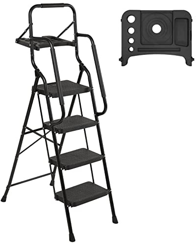 WiberWi 4 Step Ladder with Handrails Folding Step Stool with Tool Plateform, 330 lb Capacity Step Stools for Adults Portable Ladder for Home Kitchen Steel Frame with Non-Slip Wide Pedal