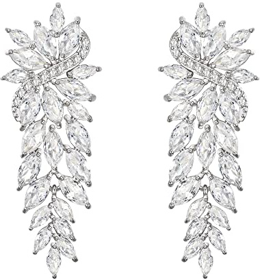 Clearine Bridal Long Drop Marquise Cluster Cubic Zirconia Dangle Earrings for Women Bridesmaid Clear Silver-Tone