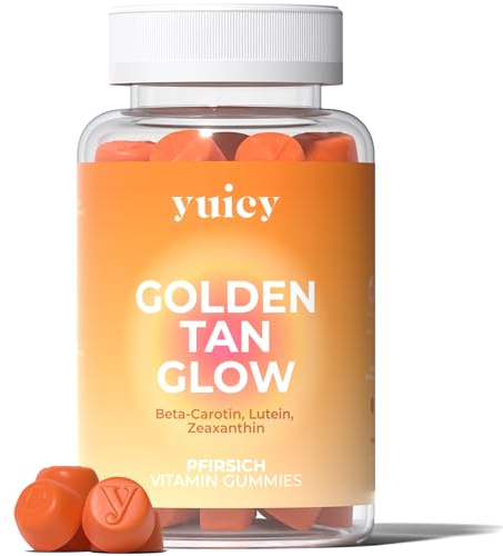 yuicy Golden Tan Glow Beta-Carotin Gummibärchen. Hochdosierte Hautvitamine für langanhaltende Bräune und gesunde Haut. Mit Lutein, Zeaxanthin & 5 weiteren Essentials. Vegan, Made in Germany. 60Stk