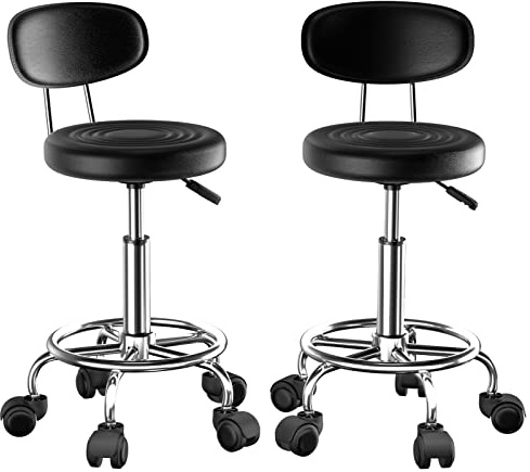 Rcynview 2X Taburete Giratorio con Ruedas, Silla Escritorio Altura Ajustable, Taburetes Altos de Cocina con Respaldo y Reposapiés, Acero Cromado, Sillas Bar, Silla Tocador Maquillaje, Silla Alta Negro