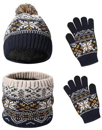 Waylipun Ensemble de Bonnet Echarpe Gants Hiver pour Enfants de 2 à 7 Ans avec Doublure Double Épaisseur, Bonnets Tricotés avec Pompon et Snood Gant pour Garçons Filles (Bleu foncé)