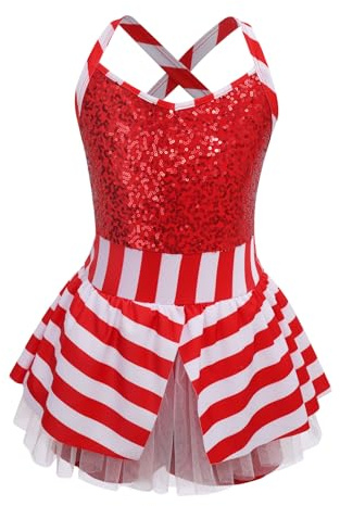Kaerm Disfraz de bastón de caramelo de Navidad para niños y niñas, mono cruzado con lentejuelas, mono corto a rayas patchwork con corte Ut Disfraz infantil rojo 122-128
