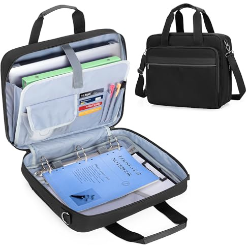 Prokva Carpeta de Escritura A4 con Asa y Correa para el Hombro, Carpeta de Conferencias con Carpeta de Anillas y Cremallera, Portátil de 13, Bolsa para Documentos de Trabajo de Viaje, Negro