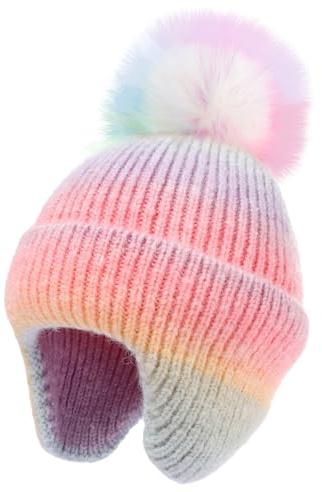 Toddler Knitted Beanie with Ear Flaps Girls Rainbow Pompom Hat Kids Winter Skull Caps Warm Fleece Lined Snow Ski Cap