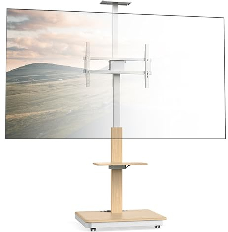 XTRARM Elite mobilt, höjdjusterbart TV-stativ för 40-86 tum och max 60 kg, vinklingsbart stativ upp till max VESA 600x400, med hyllor och uttag, vit, manuell