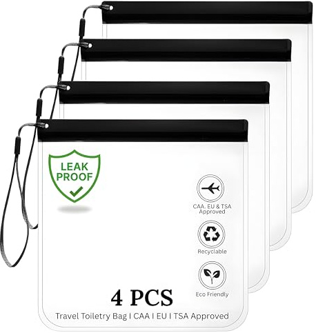 Travel Bag - TSA Approved Clear Toiletry Bags 4 Pack – Leakproof Makeup Bag for Hand Luggage, Airport Security Compliant, Reusable Travel PVC Cosmetic Organizer, 20x20cm 1L