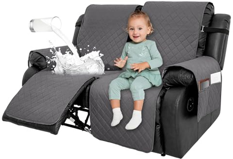 2 Seat Recliner Sofa Covers with Pocket - Water Repellent Furniture Protector Non Slip Armchair Slipcovers, Soft Washable Sofa Slipcover for Recliner with Adjustable Tightening Straps (Dark Gray)