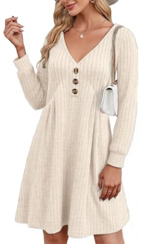 GRMLRPT Vestito Casual Donna Abito in Maglia Vestito a Maniche Lunghe Abiti Scollo V Pullover Tinta Unita Autunno Invernale(Beige,S)