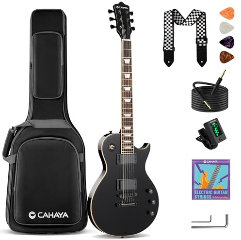 CAHAYA Guitarra Eléctrica LP 39: Kit para Principiantes, Cuerpo de Okoumé, Mástil de Arce, 2 Pastillas Humbucker, con Funda, Correa y Cable, Negro