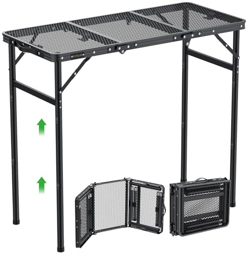 GARLLEN Table de barbecue pliante, 3 hauteurs réglables, table de camping légère avec plateau résistant à la chaleur, table d'extérieur portable en aluminium pour barbecue, pique-nique, 90,9 cm (L) x