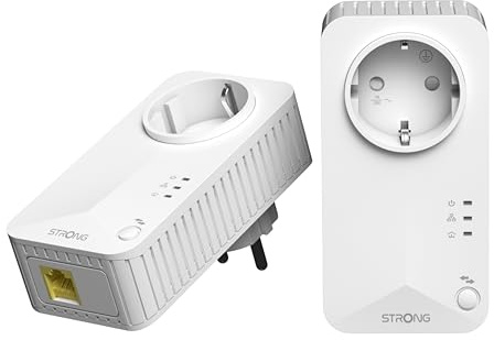 Strong AV600 Adaptador Powerline Set con Enchufe, PLC HomePlug AV2, Plug & Play, Enchufe Integrado, Modo de Ahorro de Energía, Puertos LAN 100 Mbit/s, Sin WiFi, Internet por Red Electrica