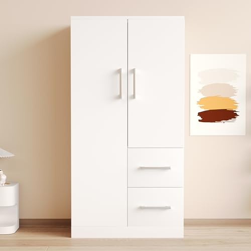 Soweiz Armadio per bambini, 70 x 40 x 135 cm, design a doppia anta con 2 cassetti e scomparti, armadio singolo (bianco)