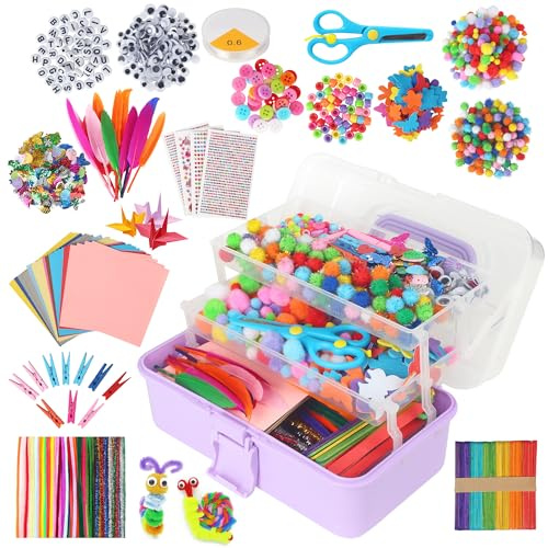 JIYANA Kit Manualidades Niños 3300+PCS, Portátil Kit Caja Manualidades, Set DIY Completo con Limpiapipas, Cuentas, Pompones y Ojos Móviles, Ideal para Niños y Niñas de 4-12 Años(Mmorado)