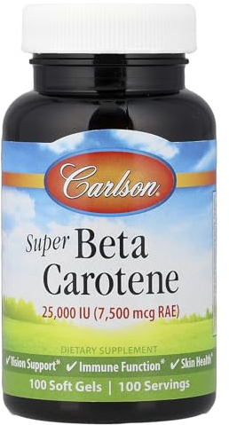 Carlson - Super Beta Carotene, 25000 IU (15 mg), Vitamin A as Beta Carotene, Bioavailable and Bioactive Form, Vision Health, Healthy Skin, 100 Softgels