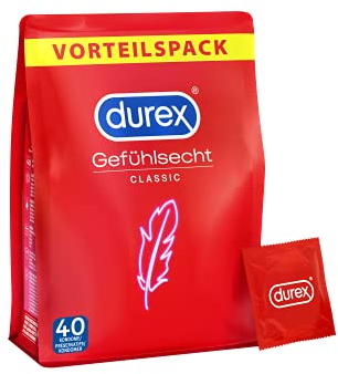 Durex Gefühlsecht Classic Kondome – Dünne Kondome mit anatomischer Easy-On-Form & mit Silikongleitgel befeuchtet – 40er Pack (1 x 40 Stück)