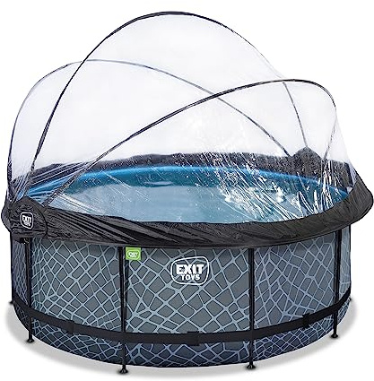 EXIT Toys Stone Pool con Cubierta Multifuncional - ø360x122cm - Piscina de Marco Redondo con Bomba de Filtro de Arena y Escalera de Piscina - Piscina Extra Profunda - para Agua Limpia y Cálida - Gris