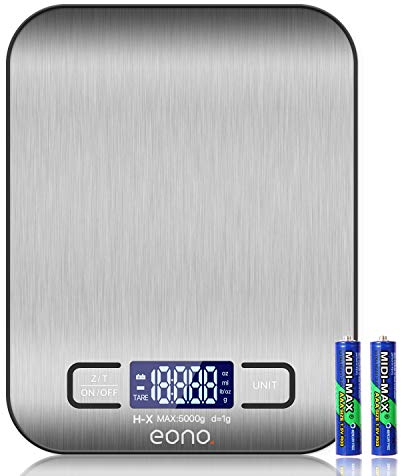 Eono by Amazon - Digital Kitchen Weighing Scale, Premium Stainless Steel Food Scales Weight Grams and Oz for Baking and Cooking 5KG/1g- 15Yr Guarantee