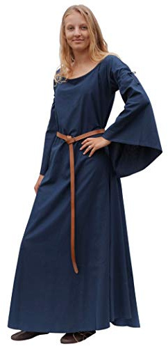 Battle-Merchant Burglinde - Damer medeltidsklänning - lång med trumpetärmar - medeltida vikingkläning av bomull - LAJV-klänning för vikingar - i div. färger - stl. S-XXL - blå - S