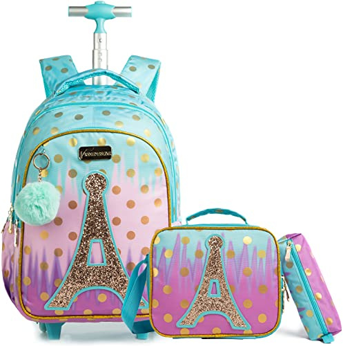 Egchescebo School Bags Kids Rolling Backpack for Girls Luggage Suitcase With Wheels Trolley Wheeled Backpacks for Girls Travel 3PCS Cat Backpack With Lunch for kids Sky Blue Bags
