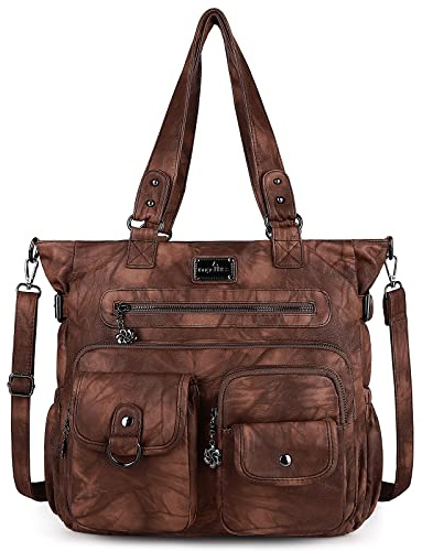 Angel Kiss Handtasche Damen Schultertasche Multifunktionale Umhängetaschen Gewaschenes Veganes Leder Wasserdicht mit Reißver Schlusstaschen (Braun)