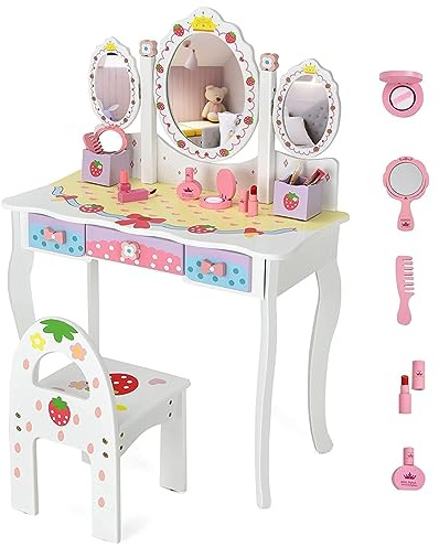 HONEY JOY Kids Vanity, Strawberry Princess Wooden Makeup Dressing Table & Chair Set w/Real Glass Tri-Fold Oval Mirror & Accessories, Detachable Top, Pretend Play Vanity Set for Little Girls(White)