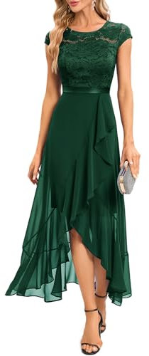Bbonlinedress Abendkleider elegant für Hochzeit Rundhals Spitzenkleid Chiffon Brautjunferkleid Partykleid Abschlusskleid lang Dark Green L