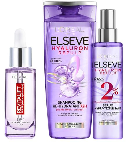 L’Oréal Paris Coffret Elseve Hyaluron Repulp Shampooing Ré-Hydratant 72H 300 ml + Serum Hydra-Texturisant 150 ml + Sérum Anti-Rides Acide Hyaluronique 30 ml