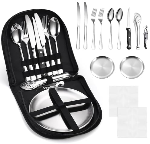 ADERTOS 13-Teilige Campingbesteck Set 2 personen Edelstahl Outdoor Reisebesteck Silber Groß Besteckset Tragbar Camping Besteckset mit Löffel, Gabel, Messer, Bestecktasche für Outdoor, Picknick Reisen