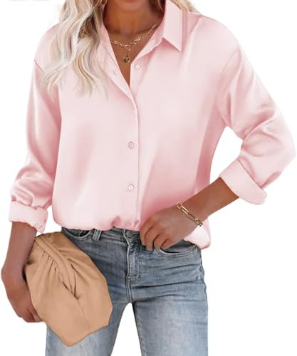 Onsoyours Camicetta Donna Raso Scollo A V Camicia Elegante Maniche Lunghe Business Tops Causal Bottoni Blusa Loose Seta Shirts Tunica Maglietta A Rosa XS