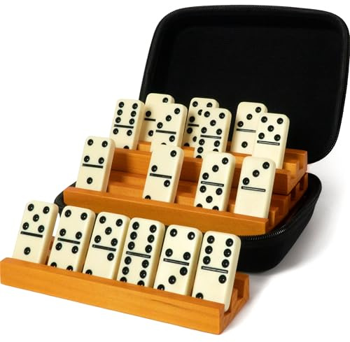 Queensell Dominos Set for Adults with 4 Domino Racks - Double 6 Dominoes Set with Domino Holder, Classic Board Games for Kids and Adults - Double Six Standard Dominos Set 28 Tiles with Travel Case