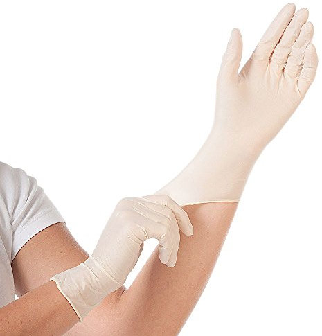 FRANZ MENSCH 100 Stück Hygomed Latexhandschuhe Med Grip | puderfrei, Packung, 7/S, weiß, L: 24cm, Latexhandschuhe, Einweghandschuhe, Einmalhandschuhe