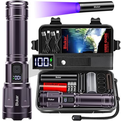 Blukar Torcia LED Potente Professionale, Super Brillante Torcia Led Ricaricabile Alta Potenza, Zoomabile, 4 Modalità & 3 Temperatura Colore, IP67 Impermeabile Torcia Tattica per Campeggio/Emergenza