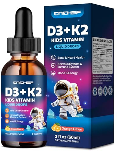 CNCHEF Vitamin D3 K2 Drops for Kids - Liquid Supplement with Magnesium for Calcium Absorption, Joint Health, Teeth & Heart - Non-GMO, Vegan, Orange, 2 Fl Oz - Kids Ages 4+