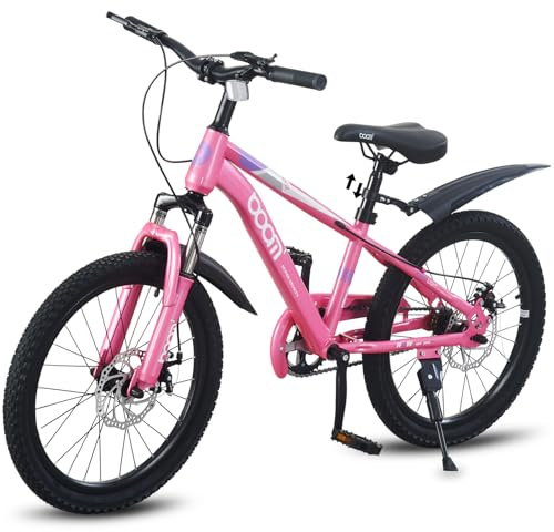 LSBIKE 18 20 22Inch Mountain Kid Bike, Children Bicycle for 5-13 Years Boys & Girls, Kid bikes with Front and Rear Disc Brakes, Mudguards and Front Shock Absorber, Reflector (Pink, 18inch)