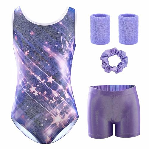 Tstiti 5-Piece Gymnastics Leotards for Girls with Shorts Scrunchie & Wristbands Toddler/Kids Dance Outfit 8-9 Years