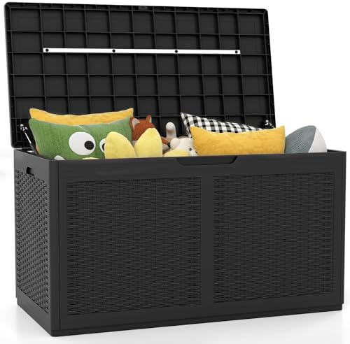 GOPLUS Baúl Almacenaje Exterior 380 L, Arcón de Resina Impermeable con Cerradura y 2 Ruedas Lisas, Superficie de Ratán de Imitación, Caja de Almacenamiento Grande Jardin, 111 x 56 x 61 cm (Negro)
