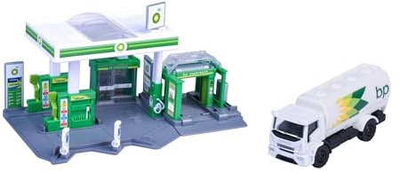 Majorette Petrol Station BP (Incluye Coche de Juguete) – Estación de Servicio de Juguete con Sistema de Lavado, Tienda, pilares de Grifo y Carga y Muchas Funciones, Juego de Coche para niños a Partir