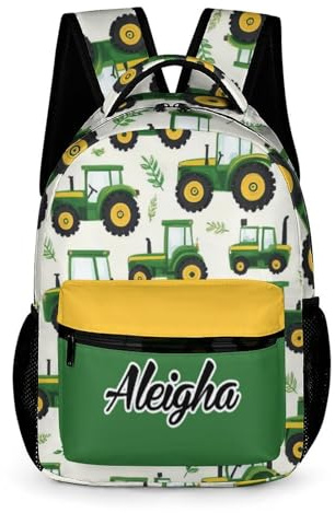 CUXWEOT Custom Green Tractor Backpack for Kids Personalized Student Bookbag with Name Casual School Bag Daypack for Girls Boys Child