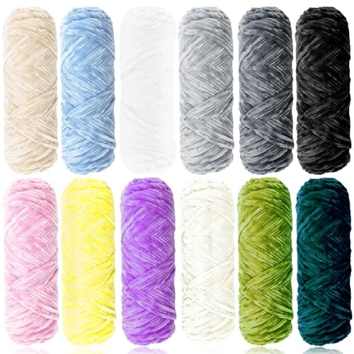 Exquilnova 12 Pack Chunky Yarn for Hand Knitting,Multiple Colors Chenille Yarn for Knitting & Crochet,Soft Chunky Wool for Blankets,Cushion,Scarves,Pet Beds,Bags,Hats,Sweaters(Mixed Color)