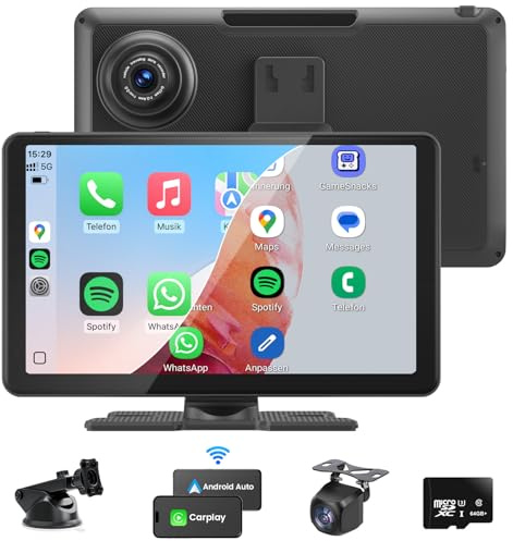 CarPlay Bildschirm, Wireless Android Auto Display mit GPS Navigationsgeräte, Bluetooth Freisprecheinrichtung, MirrorLink, Tragbares Multimedia für Auto PKW LKW Wohnmobil (9 Zoll mit Doppelkamera)