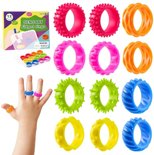 12 Pcs Jouet Bague Anti Stress Enfant, Fidget Toys Sensoriels, Fidget TDAH, Anneaux Sensoriels en Silicone Souple avec Textures, Jouets Silencieux pour Concentration Autisme Soulager Anxiété Enfants