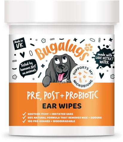 BUGALUGS Probiotic Dog Ear Cleaner Pet Wipes 100 Biodegradable textured pre-soaked dog ear wipes. Dog Ear Cleaner Solution Stops Head Shaking, Itching & Waxy Ears (Dog 100 wipes)