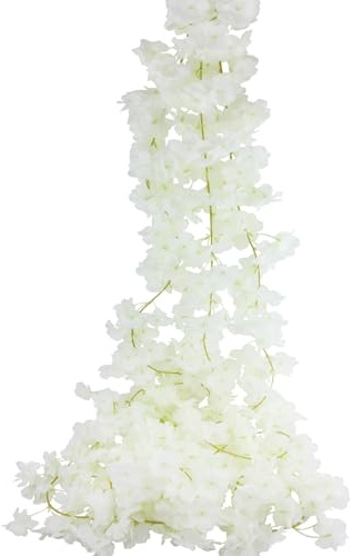 CEWUDA 2 Pcs Artificial Cherry Blossom Flower Vines Cherry Blossom Garland 18.48 ft Hanging Silk Flowers Vines Fake Flower Garland Outdoors for Home Wedding Garden Party Arch Office Decor White